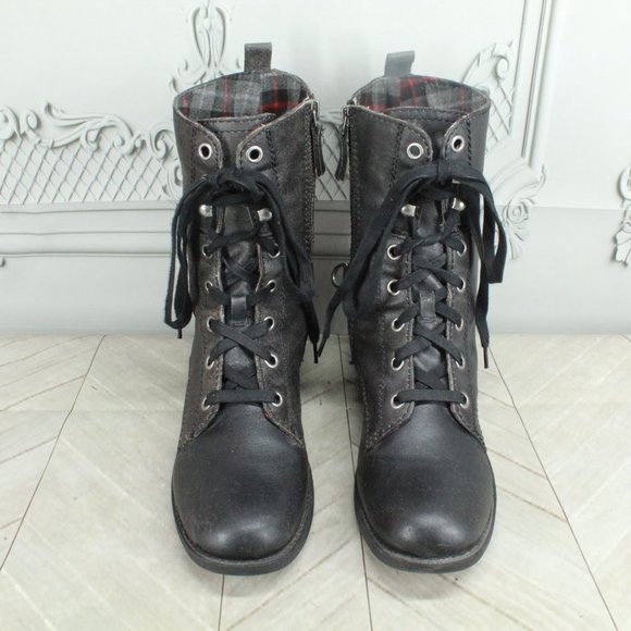 Nine West Black Leather Plaid Lined Lace up Side Zipper Ankle boots Size 10.5 M - Picture 5 of 9